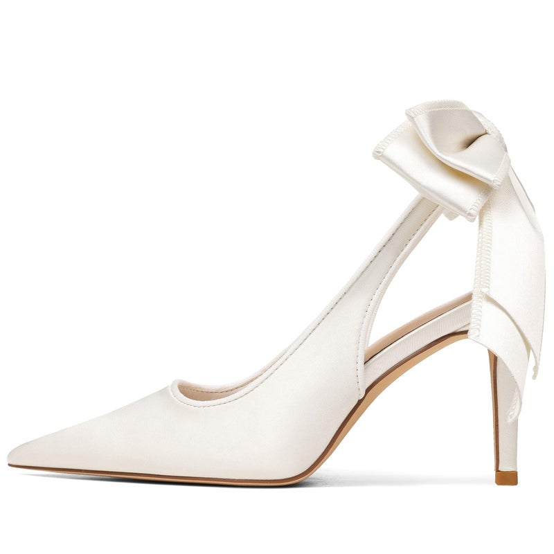 Mattiventon White Wedding Shoes for Bride Slingback Heels with Bow Tie Closed Pointed Toe Stiletto Heels Satin Dress Pumps Shoes for Prom Party - Image 1