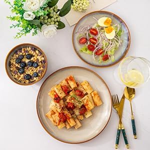 LERATIO طقم أطباق عشاء سيراميك LERATIO مكون من 6 قطع بحجم 10.5 بوصة، أطباق خزفية مصنوعة يدويًا بتزجيج تفاعلي، شكل كوب، أدوات مائدة للأطباق للمطبخ، آمنة للاستخدام في الفرن والميكروويف وغسالة الصحون، مقاومة للخدوش، كاكي - Image 4