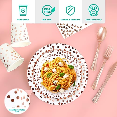 JOLLY PARTY White and Rose Gold Party Supplies - 350 PCS Disposable Dinnerware Set - White Paper Plates Napkins Cups, Gold Plastic Forks Knives Spoon for Graduation, Birthday, Cocktail Party - Image 3
