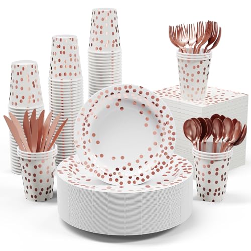 JOLLY PARTY White and Rose Gold Party Supplies - 350 PCS Disposable Dinnerware Set - White Paper Plates Napkins Cups, Gold Plastic Forks Knives Spoon for Graduation, Birthday, Cocktail Party - Image 1