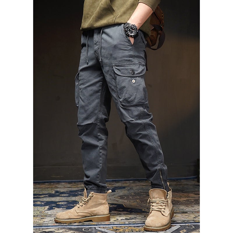 Generic elastic waist overalls mens trendy brand outdoor sports multi-pocket legged casual pants trendy handsome motorcycle long pants Gray - Image 1
