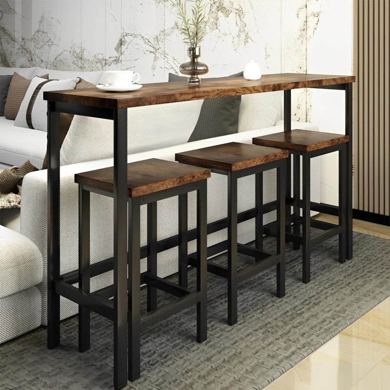 Merax 4Piece Counter Height Extra Long Dining Table Set with 3 Stools and Side Table with Footrest Pub Kitchen Set Brown