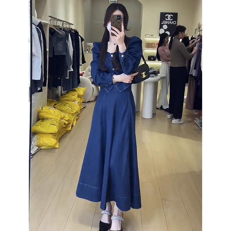 Retro Hong Kong Denim Skirt Set Women 2024 Autumn Slimming Fashion Two-Piece [single piece] Denim skirt