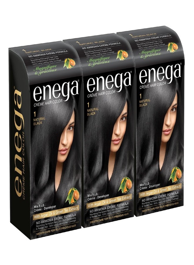 Enega no ammonia grey coverage long lasting Creme Hair Color with Argan Oil & Green Tea Extract - 150 ML (Pack of 3, Natural Black) - Image 1