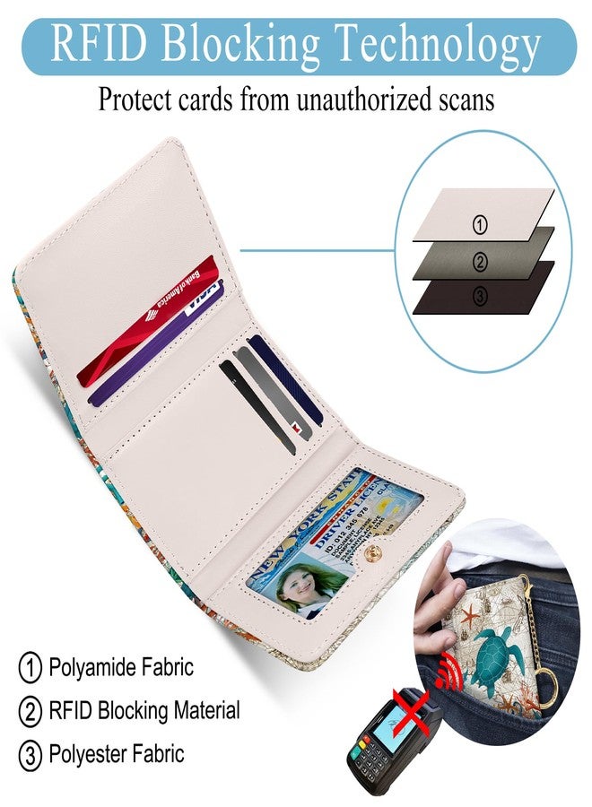 Jogjam Womens Wallet, Small Slim RFID Blocking Card Wallets, Trifold PU Leather Card Holder Wallet Organizer with Keychain, Mini Pocket Cash Purse with 7 Card Slots ID Window for Girls, Sea Turtle - Image 4