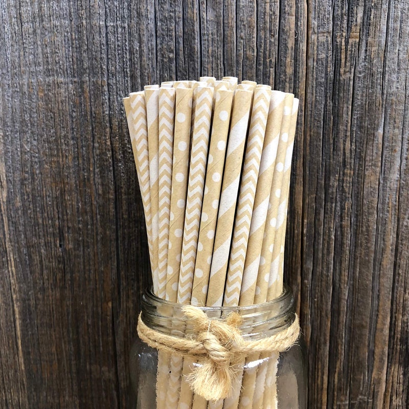Outside the Box Pape Paper Straws - Kraft Brown - Stripe Chevron Dot - 7.75 Inches - 150 Pack Outside the Box Papers - Image 2