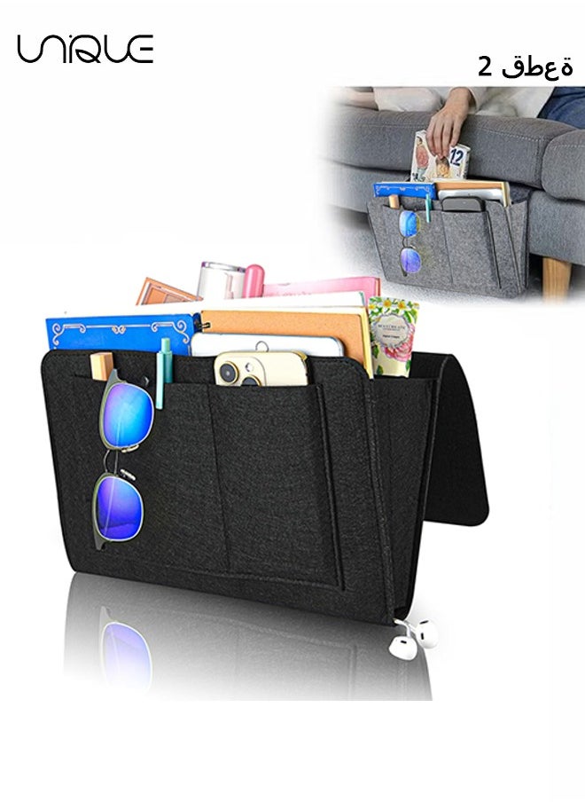 Unique 2 Pcs Felt Bedside Storage Hanging, Bed Hanging Organizer for Bed Sofa, Bedside Pocket with 5 Pockets Felt Couch Caddy Bedside Storage Caddy for Books Tablet TV Remote Control(Black+Grey)  - Image 1