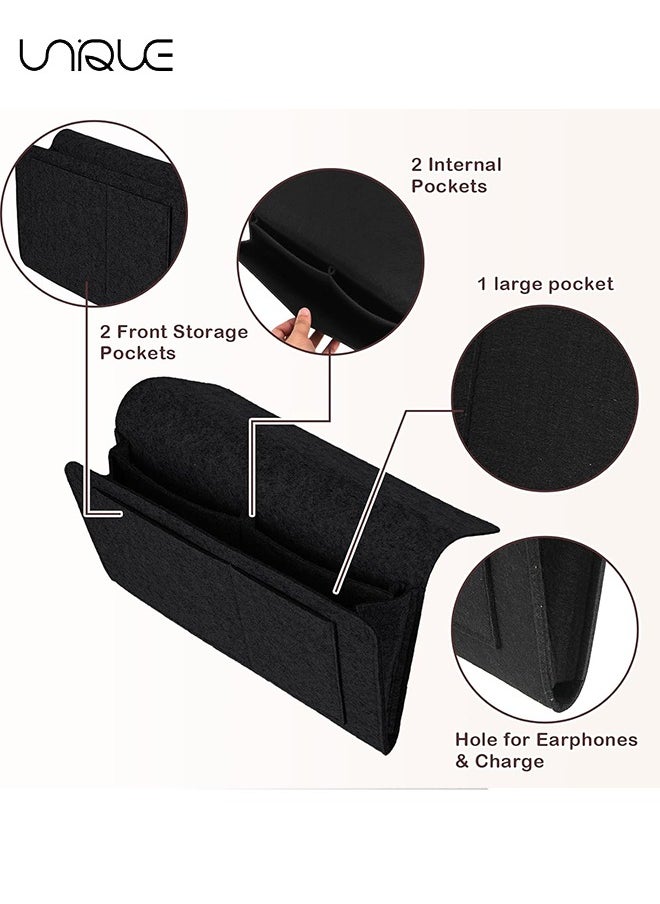 Unique 2 Pcs Felt Bedside Storage Hanging, Bed Hanging Organizer for Bed Sofa, Bedside Pocket with 5 Pockets Felt Couch Caddy Bedside Storage Caddy for Books Tablet TV Remote Control(Black+Grey)  - Image 3