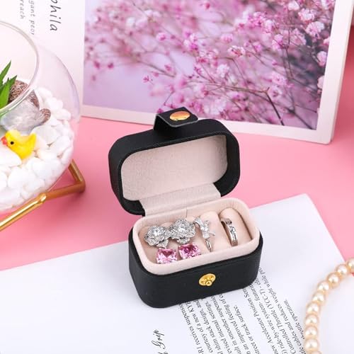 Gowloz Mini Ring Jewelry Box (Faux Leather, Black, 6.5 x 4.7 x 3.9 cm) – Portable Travel Case Organizer for Rings & Earrings – Small Compact Storage Box for Women & Girls - Image 2