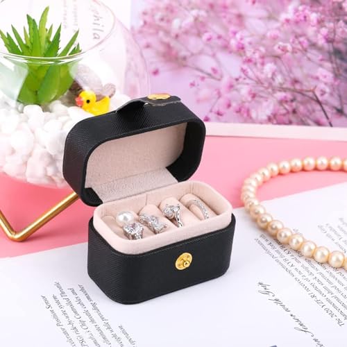 Gowloz Mini Ring Jewelry Box (Faux Leather, Black, 6.5 x 4.7 x 3.9 cm) – Portable Travel Case Organizer for Rings & Earrings – Small Compact Storage Box for Women & Girls - Image 4