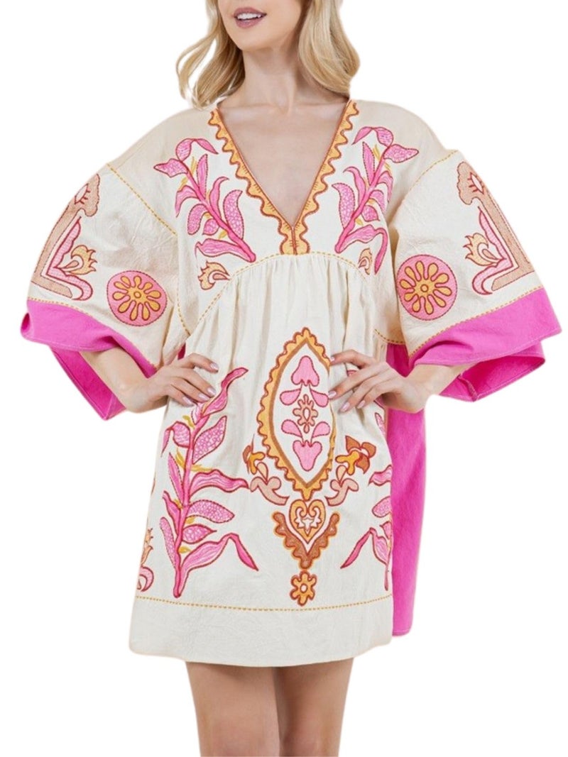 Joiemont Womens Oversized Embroidered Dress with V-Neck and 3/4 Sleeves Vintage Embroidery Babydoll Dress(0603-HotPink-L) - Image 1