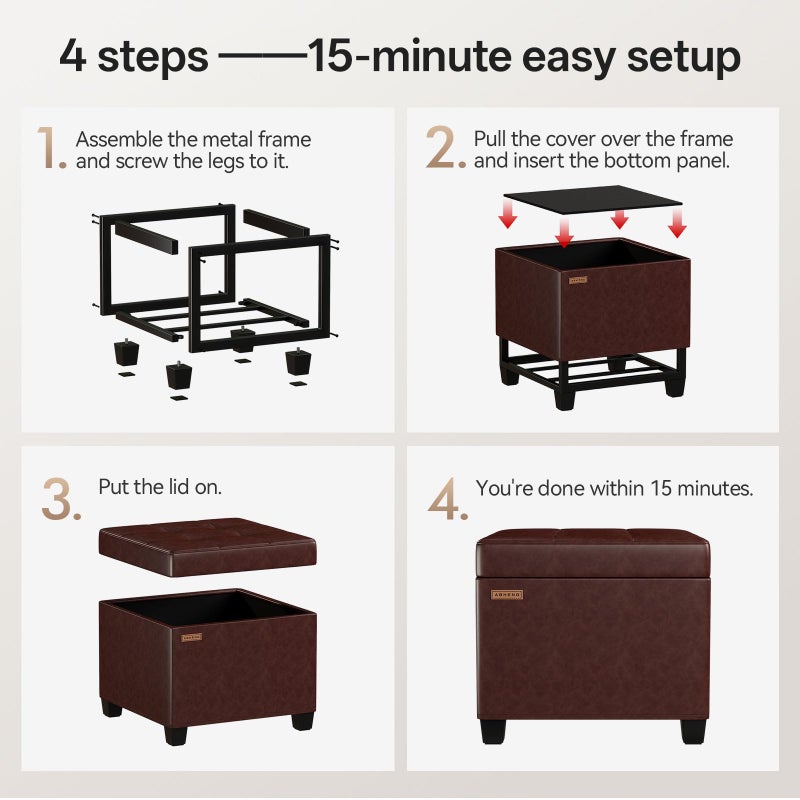ABHENG 17.7 inches Synthetic Leather turfed Ottomans Cube with Legs, Metal-Framed Square Storage Ottoman Foot Rest Stool Holds 770 LB for Dorm Living Room Bedroom Brown UASND63R - Image 4
