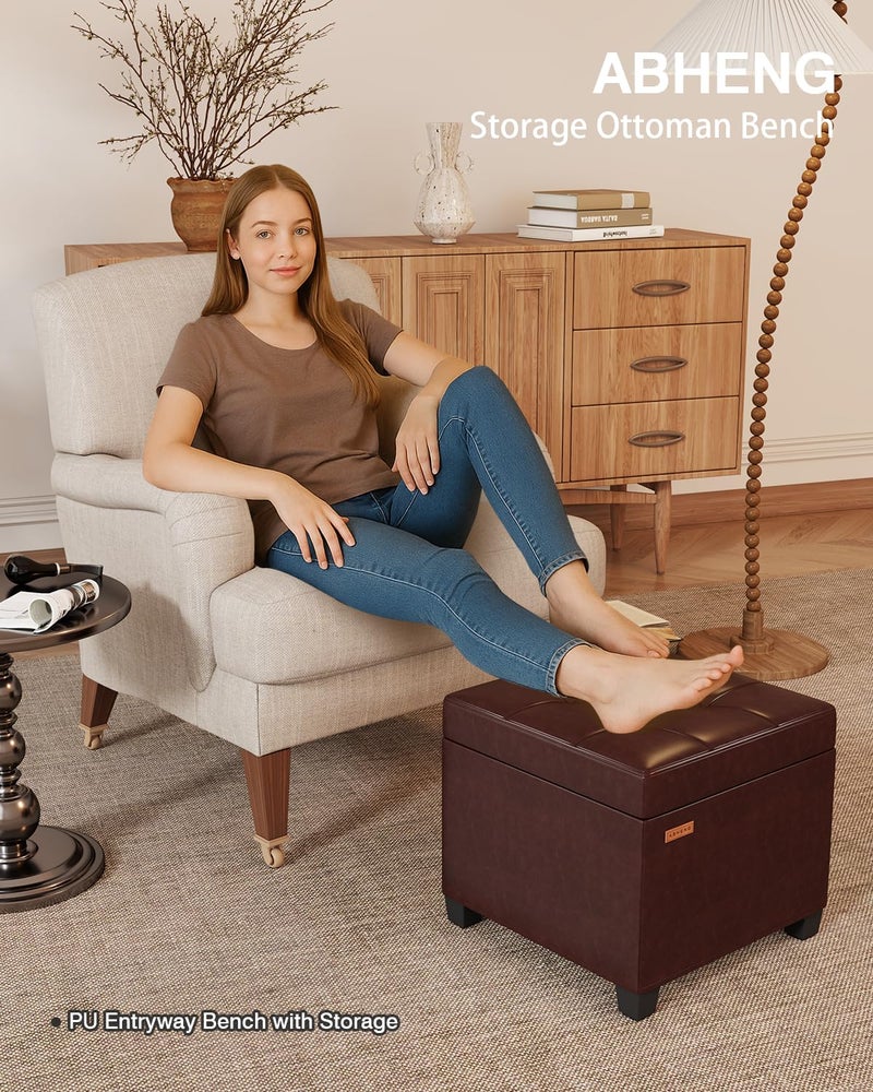 ABHENG 17.7 inches Synthetic Leather turfed Ottomans Cube with Legs, Metal-Framed Square Storage Ottoman Foot Rest Stool Holds 770 LB for Dorm Living Room Bedroom Brown UASND63R - Image 2