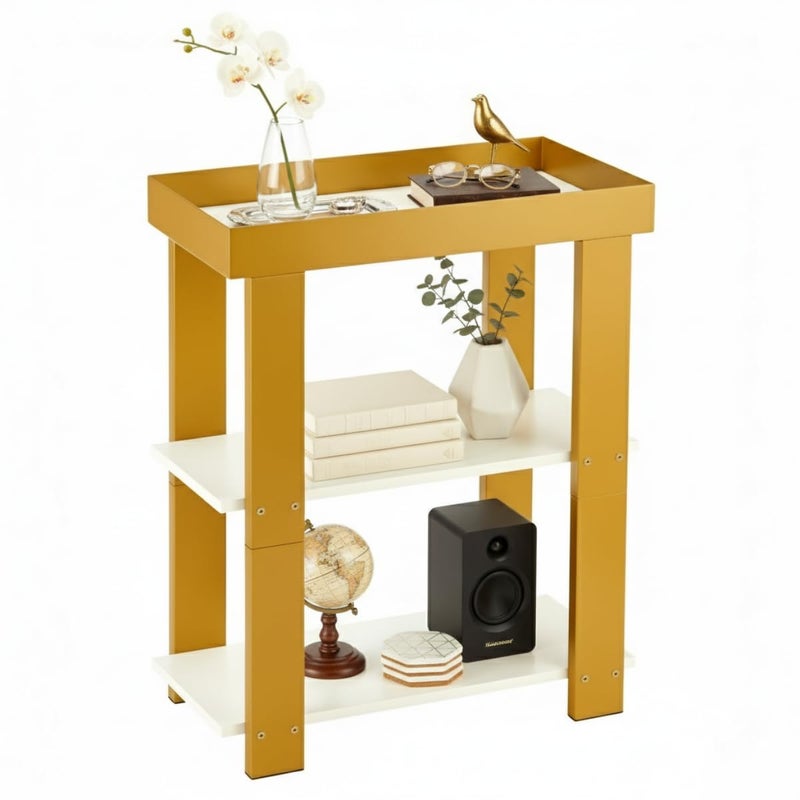 ZEXVIDA Modern 3-Tier Gold Side Table, Narrow End Table with White Tray Top Shelves, Slim Nightstand Bedside Table for Small Spaces, Living Room, Bedroom, Bathroom Storage Organizer Stand (White+Gold) - Image 1