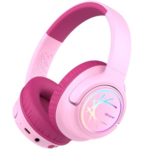 iClever Kids Bluetooth Headphones with LED Lights BTH18 Safe Volume 7485dBA 43H Playtime Bluetooth53 Kids Headphones Wireless Aux Cord for iPadTabletTravelSchool Blossom Pink - Image 1