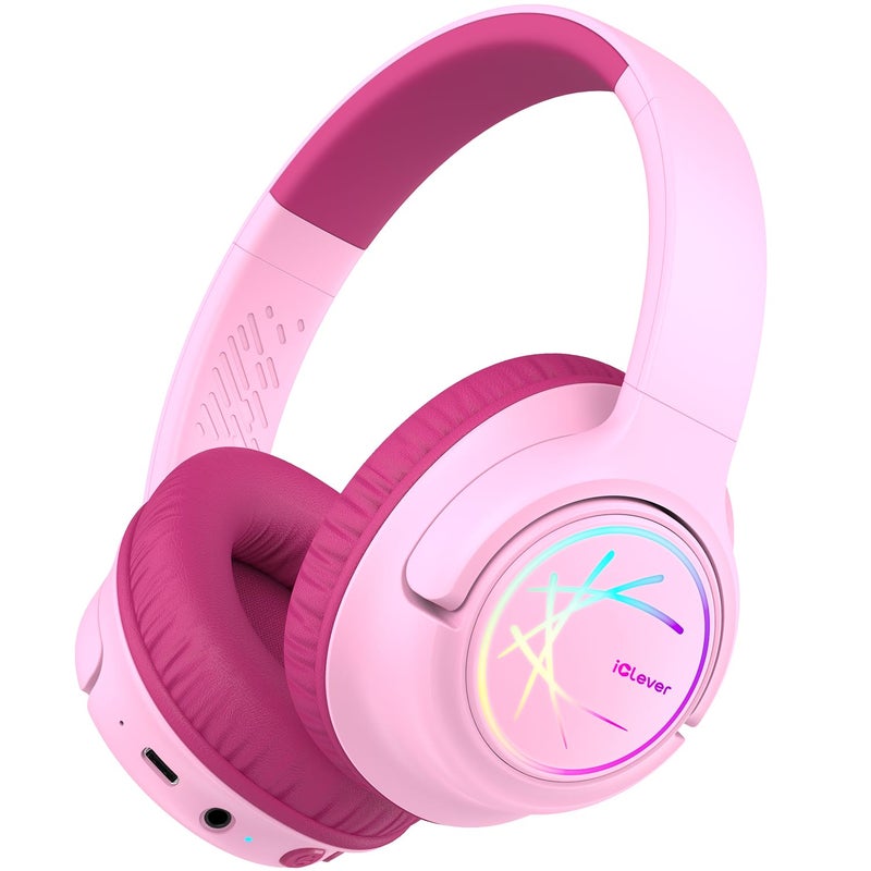 iClever Kids Bluetooth Headphones with LED Lights BTH18 Safe Volume 7485dBA 43H Playtime Bluetooth53 Kids Headphones Wireless Aux Cord for iPadTabletTravelSchool Blossom Pink - Image 2