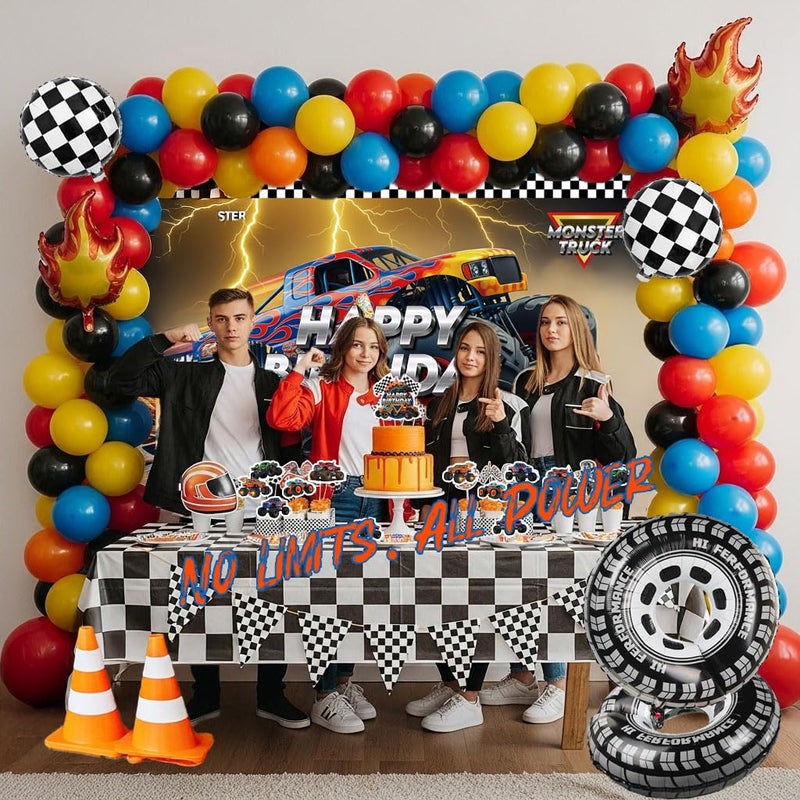 froufing Truck Birthday Decorations include Red Blue Yellow Balloons Ribbon Arch Cake Paper Card Toppers Tablecloth Backdrop Monster Truck Theme Birthday Decor for Boys Racing Party Decoration Supplies - Image 2
