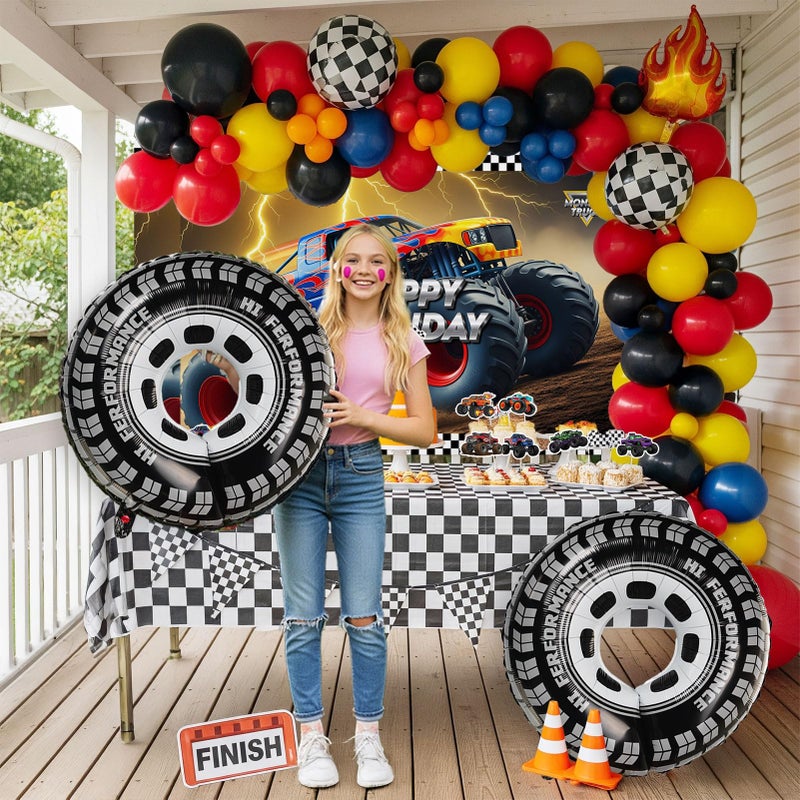 froufing Truck Birthday Decorations include Red Blue Yellow Balloons Ribbon Arch Cake Paper Card Toppers Tablecloth Backdrop Monster Truck Theme Birthday Decor for Boys Racing Party Decoration Supplies - Image 4