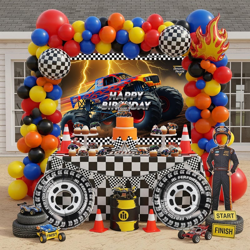 froufing Truck Birthday Decorations include Red Blue Yellow Balloons Ribbon Arch Cake Paper Card Toppers Tablecloth Backdrop Monster Truck Theme Birthday Decor for Boys Racing Party Decoration Supplies - Image 1