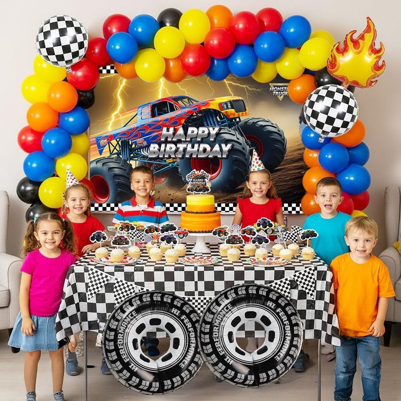froufing Truck Birthday Decorations include Red Blue Yellow Balloons Ribbon Arch Cake Paper Card Toppers Tablecloth Backdrop Monster Truck Theme Birthday Decor for Boys Racing Party Decoration Supplies - Image 5