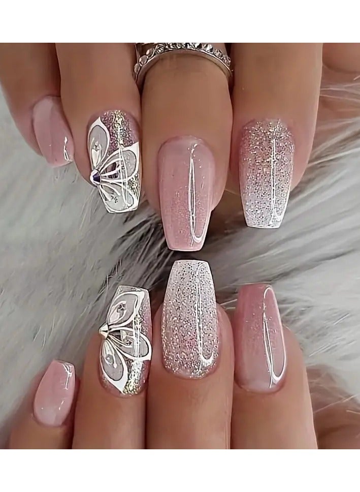 ORiTi 24pcs Pink White French Tip Press On Nails, Mid Squvoal Fake Nails Glossy Full Cover Butterfly And Glitter Powder Stick On Nails, Acrylic Nails For Women - Image 1