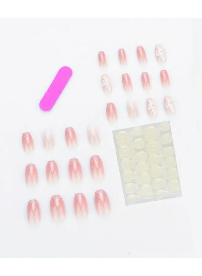 ORiTi 24pcs Pink White French Tip Press On Nails, Mid Squvoal Fake Nails Glossy Full Cover Butterfly And Glitter Powder Stick On Nails, Acrylic Nails For Women - Image 2