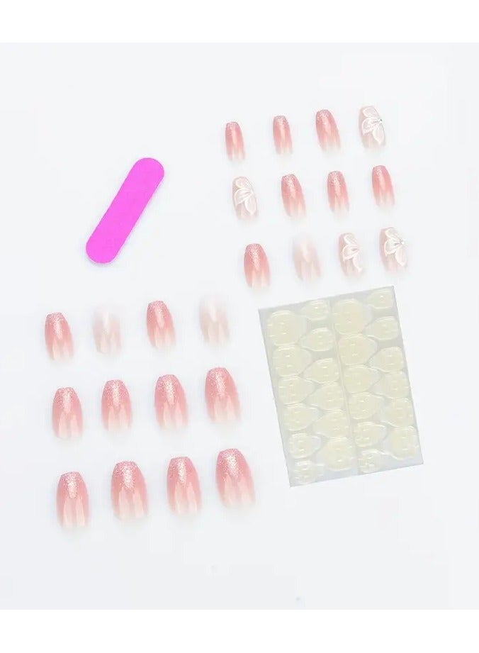 ORiTi 24pcs Pink White French Tip Press On Nails, Mid Squvoal Fake Nails Glossy Full Cover Butterfly And Glitter Powder Stick On Nails, Acrylic Nails For Women - Image 5