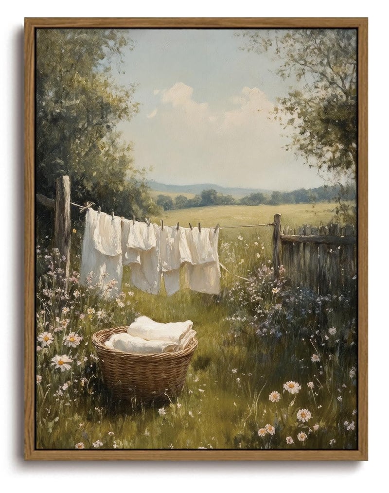 KISSFOX Vintage Framed Wall Art For Laundry Room Decor Country Landscape Pictures Wall Decor Rustic Summer Wildflower Canvas Art Prints Modern Farmhouse Paintings Artwork - Image 1