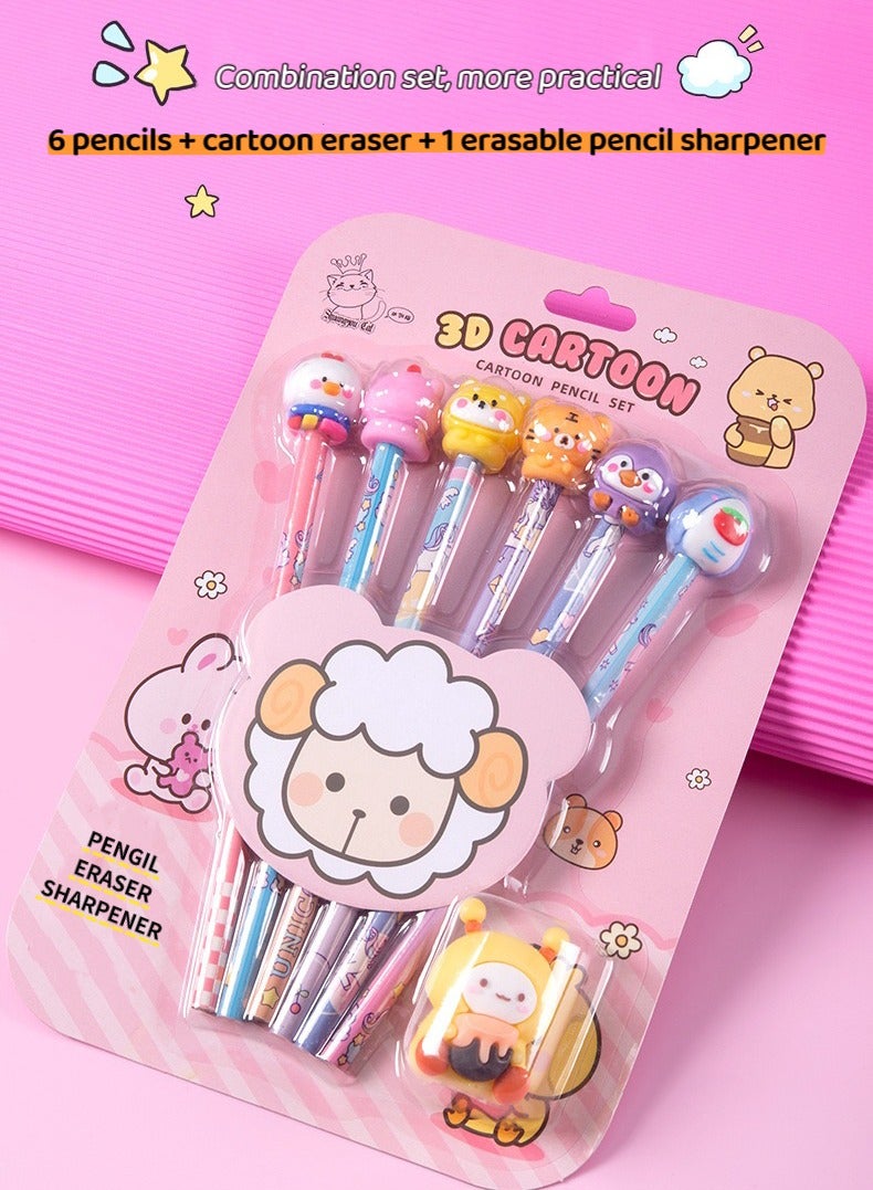 Generic 3D Cartoon Combination stationery set, Pencil with Eraser set,Cute Pencil Sharpener for Kids,Creative Cartoon eraser, School Home Office Supply, School Supplies Students Children Gift  - Image 2