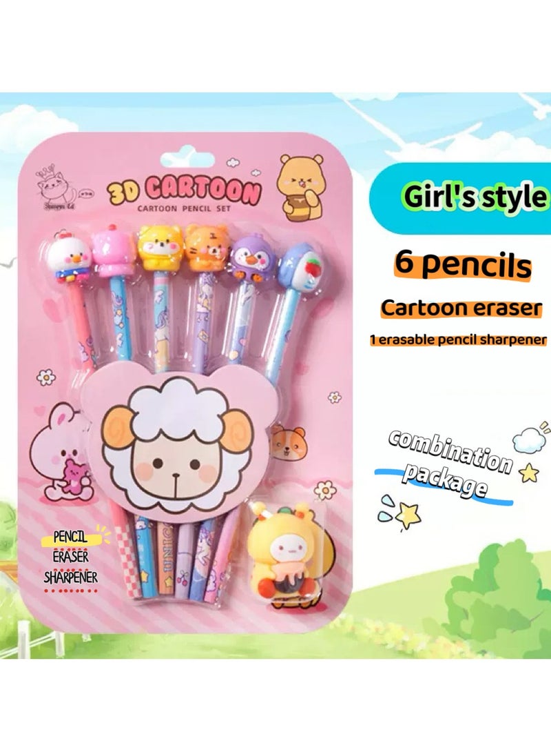 Generic 3D Cartoon Combination stationery set, Pencil with Eraser set,Cute Pencil Sharpener for Kids,Creative Cartoon eraser, School Home Office Supply, School Supplies Students Children Gift  - Image 1