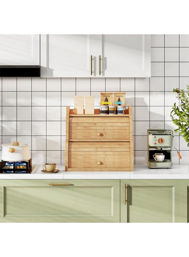 HOOBRO Bread Box, Bamboo Bread Box for Kitchen Countertop, 2-Tier Roll-Top Bread Bin, Food Storage Box, Bamboo Storage Cabinet with Handles, for Kitchen, Dining Room, Natural YL15MB01 - Image 3