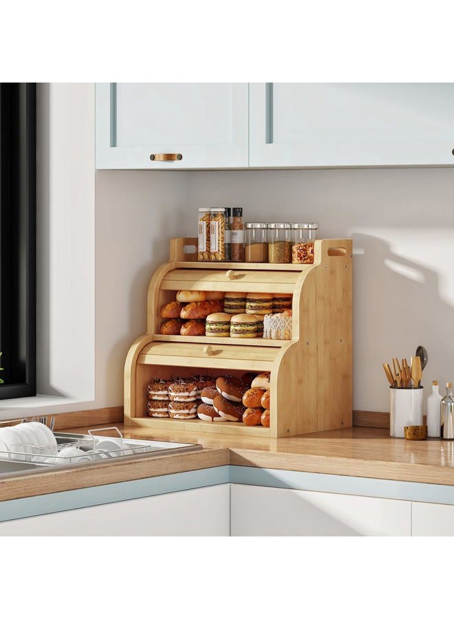 HOOBRO Bread Box, Bamboo Bread Box for Kitchen Countertop, 2-Tier Roll-Top Bread Bin, Food Storage Box, Bamboo Storage Cabinet with Handles, for Kitchen, Dining Room, Natural YL15MB01 - Image 4