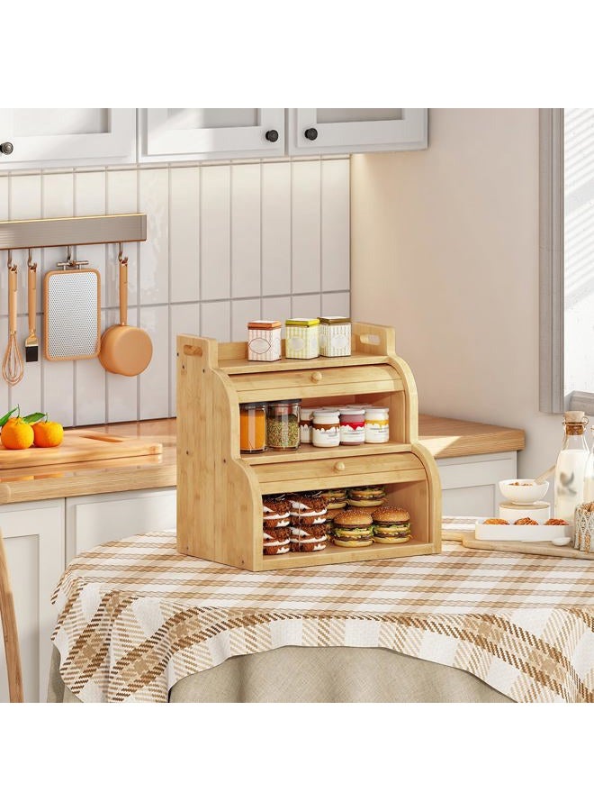 HOOBRO Bread Box, Bamboo Bread Box for Kitchen Countertop, 2-Tier Roll-Top Bread Bin, Food Storage Box, Bamboo Storage Cabinet with Handles, for Kitchen, Dining Room, Natural YL15MB01 - Image 5