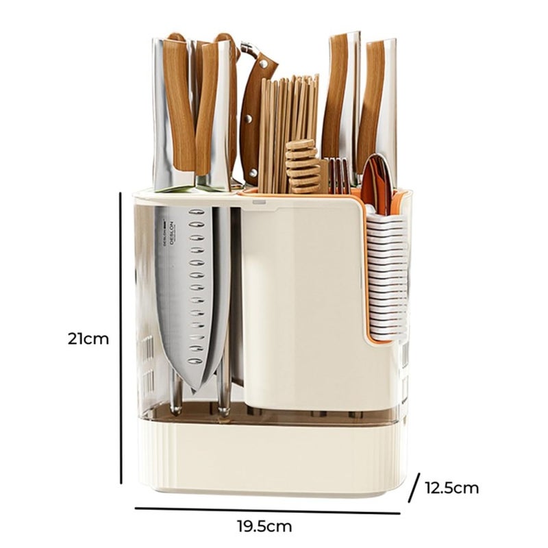 Kiwilon Plastic Spoons Chopstick And Knife Holder Stand For Kitchen With Water Drainage Holes And Collection Tray CreamXOrange - Image 2