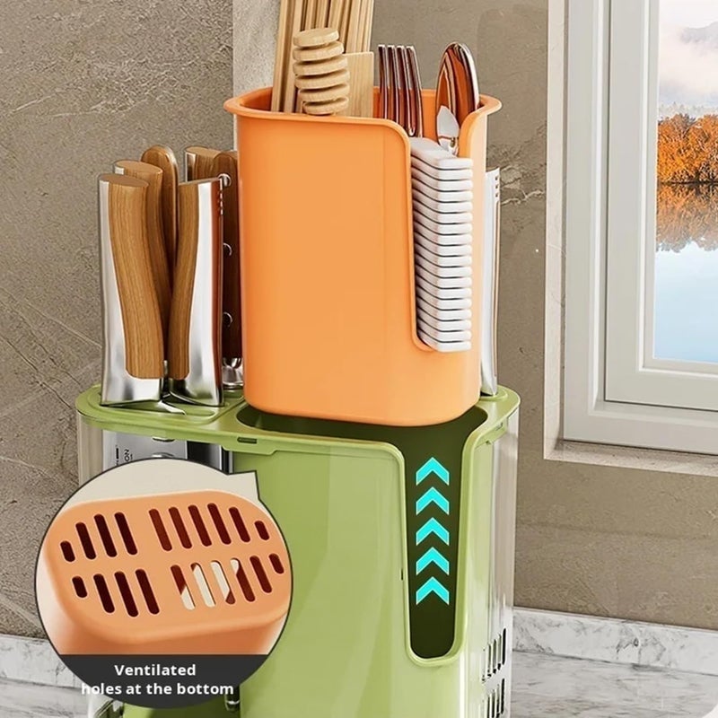 Kiwilon Plastic Spoons Chopstick And Knife Holder Stand For Kitchen With Water Drainage Holes And Collection Tray CreamXOrange - Image 4