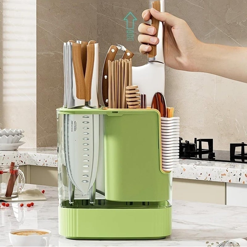 Kiwilon Plastic Spoons Chopstick And Knife Holder Stand For Kitchen With Water Drainage Holes And Collection Tray CreamXOrange - Image 3