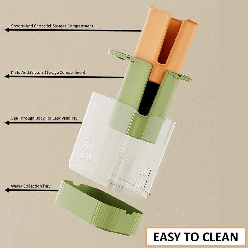 Kiwilon Plastic Spoons Chopstick And Knife Holder Stand For Kitchen With Water Drainage Holes And Collection Tray CreamXOrange - Image 5