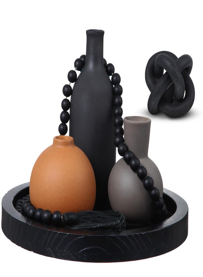 Tiangrid 6 Pieces Ceramic Vase Set with Wood Link Chain and Bead Garland Decorative Vase Boho Rustic Farmhouse Natural Wooden Link Decor for Living Room Home Table Shelf Decor - Image 1