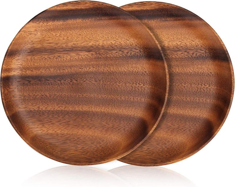 Ayiaren 2 Pcs 10 Inch Acacia Wood Dinner Plates for Eating Wooden Round Charcuterie Boards Serving Platters for Food Dishes Cheese Tray Dessert Salad Plate Wood Charger Plates - Image 1