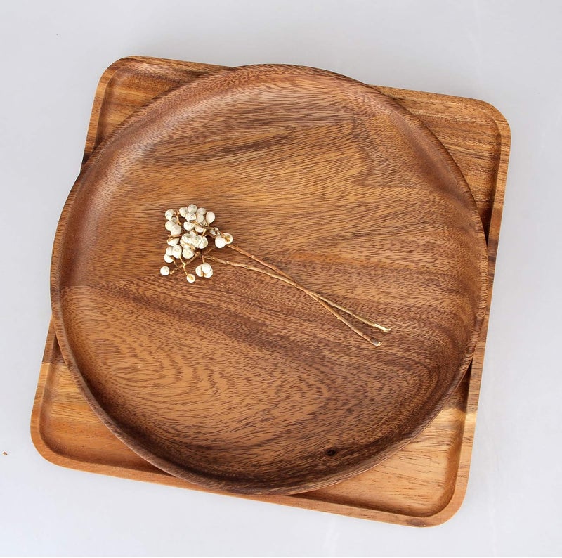 Ayiaren 2 Pcs 10 Inch Acacia Wood Dinner Plates for Eating Wooden Round Charcuterie Boards Serving Platters for Food Dishes Cheese Tray Dessert Salad Plate Wood Charger Plates - Image 4