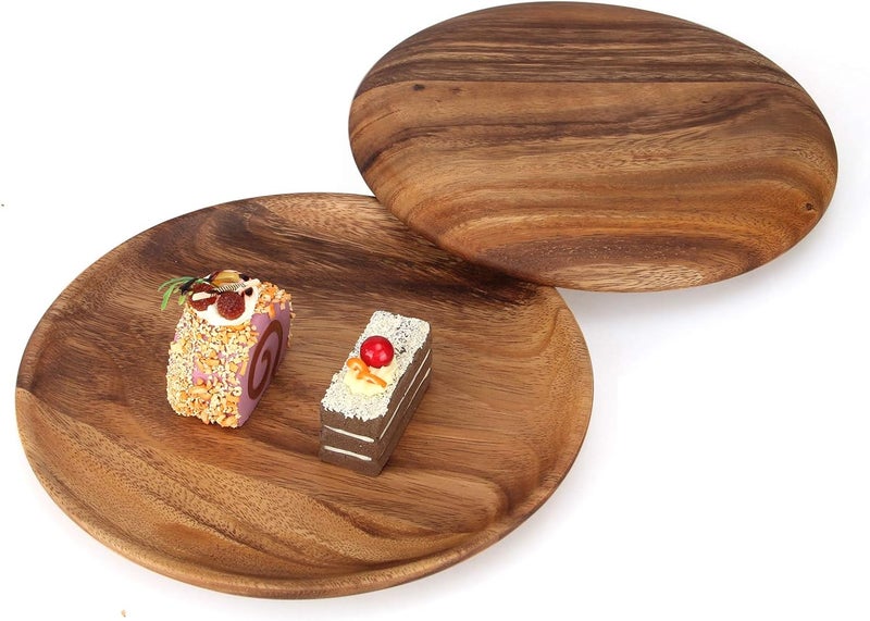 Ayiaren 2 Pcs 10 Inch Acacia Wood Dinner Plates for Eating Wooden Round Charcuterie Boards Serving Platters for Food Dishes Cheese Tray Dessert Salad Plate Wood Charger Plates - Image 5