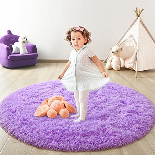 FlyDOIT Purple Round Rug for Bedroom Super Fluffy Circle Rugs for Baby Nursery 5X5 Feet Furry Carpet for Children Kids Room Cute Soft Shaggy Rug for Girls Home Decor Fuzzy Plush Carpets for Dorm
