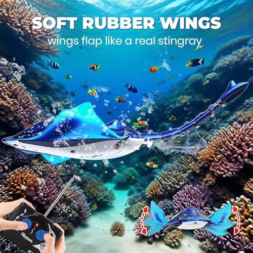 QUN XING Remote Control Stingray Pool Toy Realistic Swimming RC Manta Ray Diving Rechargeable Battery LED Lights Summer Water Toy Gift for Kids Ages 812 Blue - Image 5