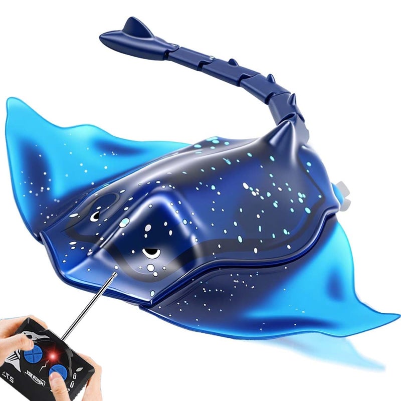 QUN XING Remote Control Stingray Pool Toy Realistic Swimming RC Manta Ray Diving Rechargeable Battery LED Lights Summer Water Toy Gift for Kids Ages 812 Blue - Image 3