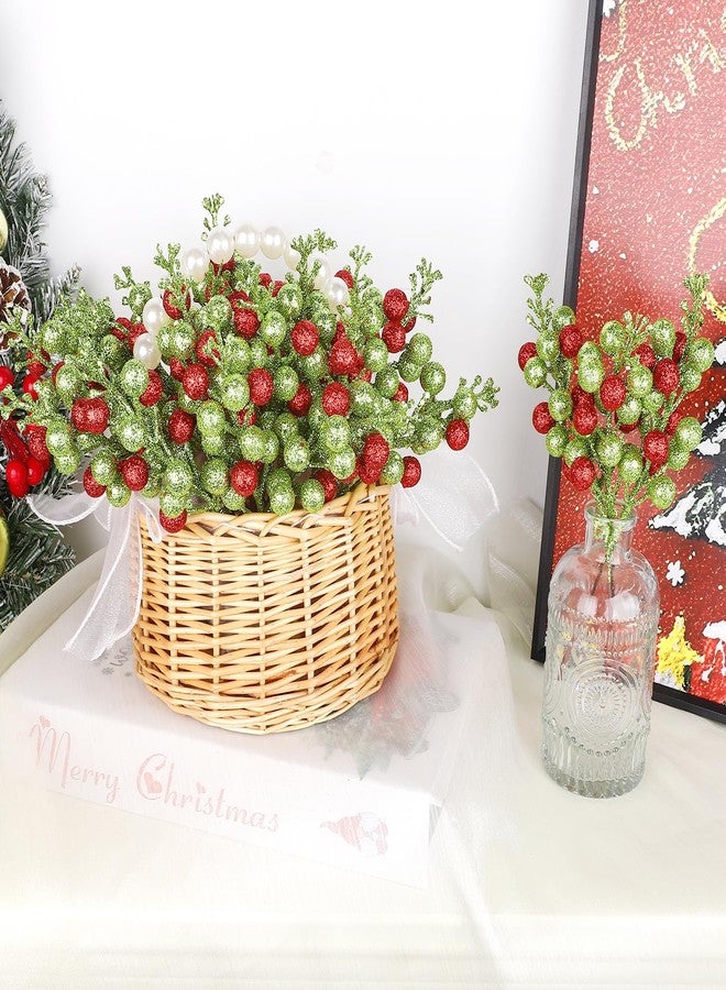 Meching 24 Pack Christmas Glitter Green Red Berry Stems, 7.5 Inch Artificial Christmas Berries Picks for DIY Crafts Xmas Tree Christmas Wreath Home Wedding Home Party Decoration (Green&Red) - Image 4