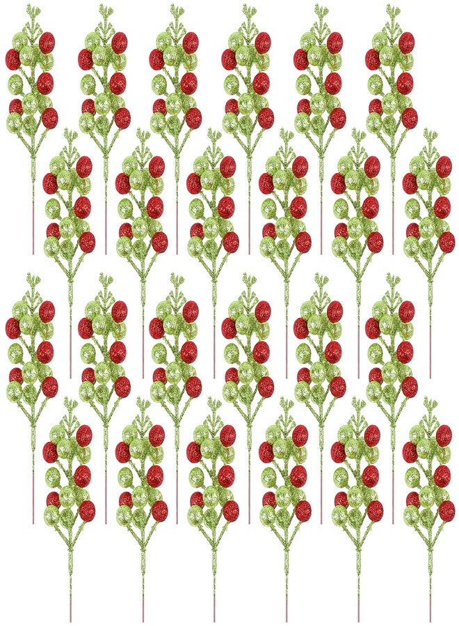 Meching 24 Pack Christmas Glitter Green Red Berry Stems, 7.5 Inch Artificial Christmas Berries Picks for DIY Crafts Xmas Tree Christmas Wreath Home Wedding Home Party Decoration (Green&Red) - Image 1