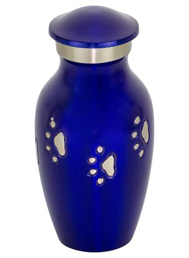 Silverlight Urns Blue with Silver Paw Prints Extra Small Pet Cremation Urn for Ashes, Brass, Blue Pet Urn, Dog Urn, Cat Urn, Extra Small Sized Pet Urn, 3.75 Inches High - Image 1