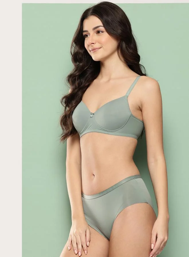 Leading Lady Green Solid Lightly Padded Non Wired Bra and Brief Set