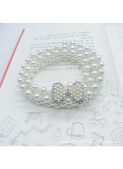 Generic Pearl Waist Chain Women Fashion Dress Decorative Rhinestone Elastic Belt Korean Style Elegant Thin Belt Three-Row Silver Shiny Bow Tie 