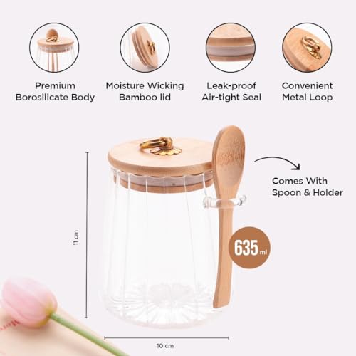 UMAI Borosilicate Glass Jar with Bamboo Lid | Kitchen Organizer Items and Storage | Multi-utility, Leakproof, Airtight Storage Jar for Cookies, Snacks, Tea, Coffee, Sugar | Set of 2 (635ml) - Image 4